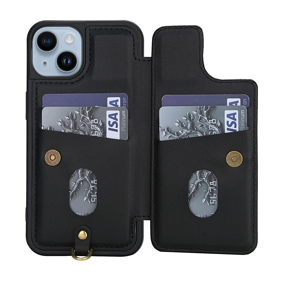 For iPhone 14 / 13 Case Embroidered Tulips PU Leather Card Holder Back Cover with Shoulder Strap / Wrist Strap - Black - 3