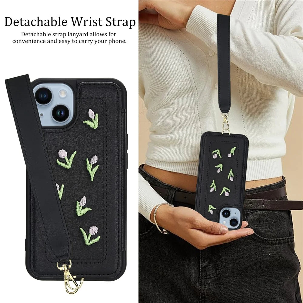 For iPhone 14 / 13 Case Embroidered Tulips PU Leather Card Holder Back Cover with Shoulder Strap / Wrist Strap - Black - 6