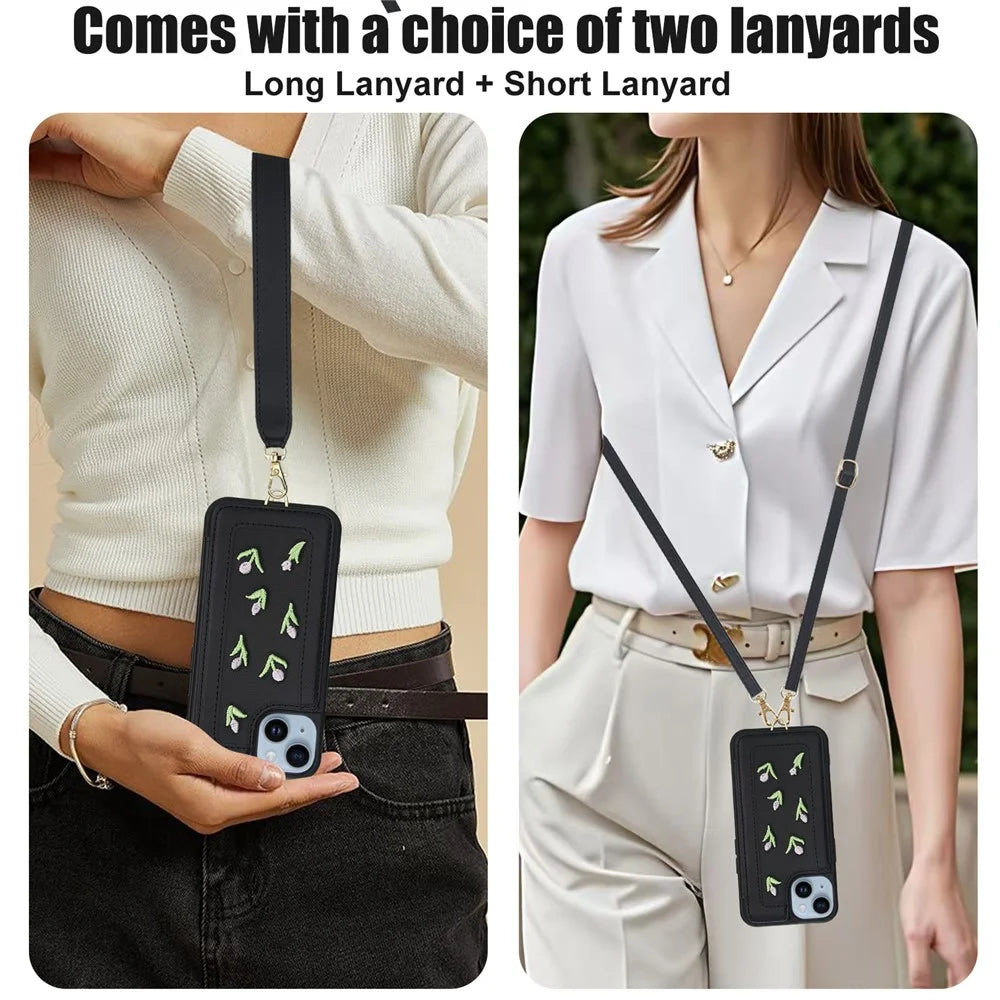 For iPhone 14 / 13 Case Embroidered Tulips PU Leather Card Holder Back Cover with Shoulder Strap / Wrist Strap - Black - 7