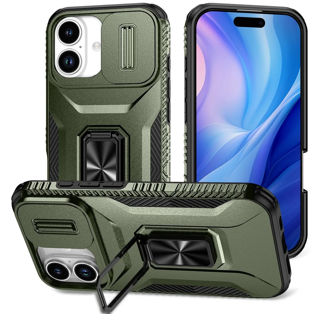 For iPhone 17 Case Camshield Kickstand TPU + PC Anti-Slip Phone Cover - Green - 1