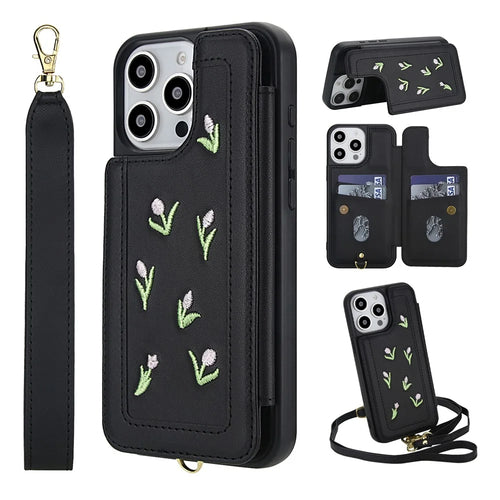 For iPhone 14 Pro Case Embroidered Tulips PU Leather Card Holder Back Cover with Shoulder Strap / Wrist Strap - Black - 1