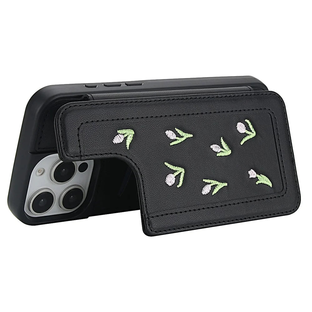 For iPhone 14 Pro Case Embroidered Tulips PU Leather Card Holder Back Cover with Shoulder Strap / Wrist Strap - Black - 3