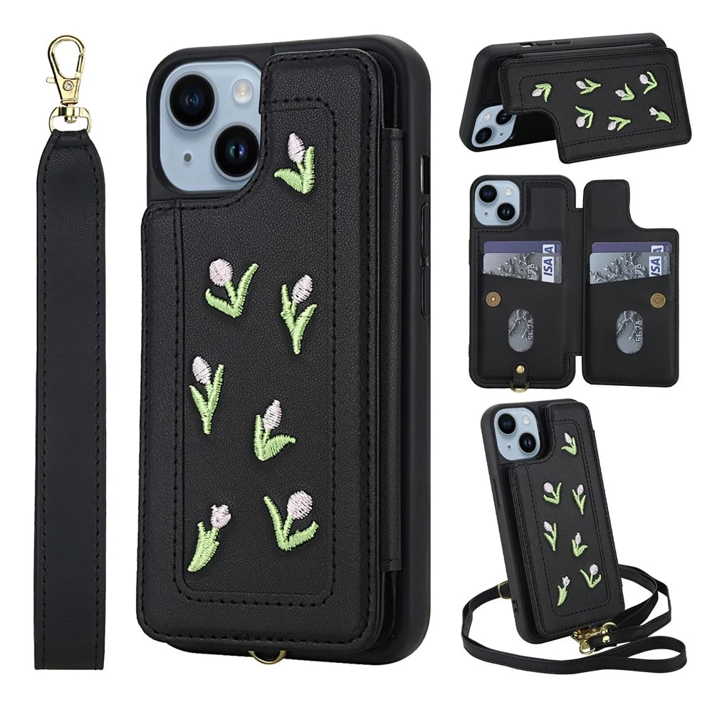 For iPhone 15 Case Embroidered Tulips PU Leather Card Holder Back Cover with Shoulder Strap / Wrist Strap - Black - 1