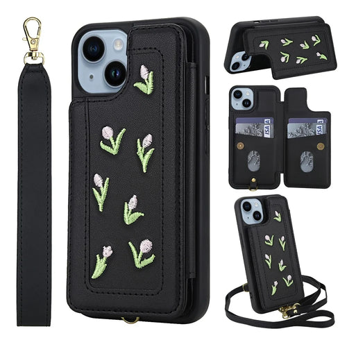 For iPhone 15 Case Embroidered Tulips PU Leather Card Holder Back Cover with Shoulder Strap / Wrist Strap - Black - 1