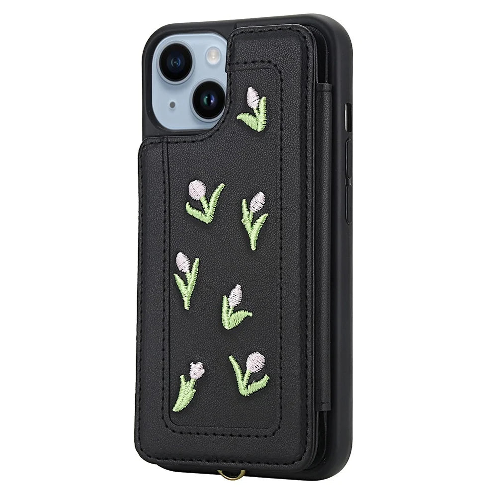 For iPhone 15 Case Embroidered Tulips PU Leather Card Holder Back Cover with Shoulder Strap / Wrist Strap - Black - 2