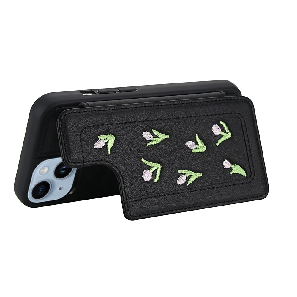 For iPhone 15 Case Embroidered Tulips PU Leather Card Holder Back Cover with Shoulder Strap / Wrist Strap - Black - 4