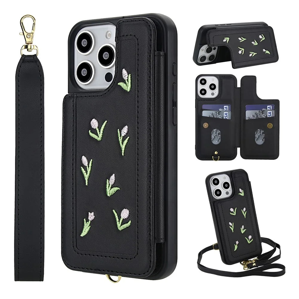 For iPhone 15 Pro Max Case Embroidered Tulips PU Leather Card Holder Back Cover with Shoulder Strap / Wrist Strap - Black - 1