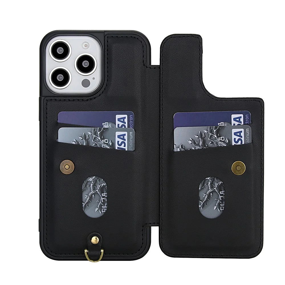 For iPhone 15 Pro Max Case Embroidered Tulips PU Leather Card Holder Back Cover with Shoulder Strap / Wrist Strap - Black - 2