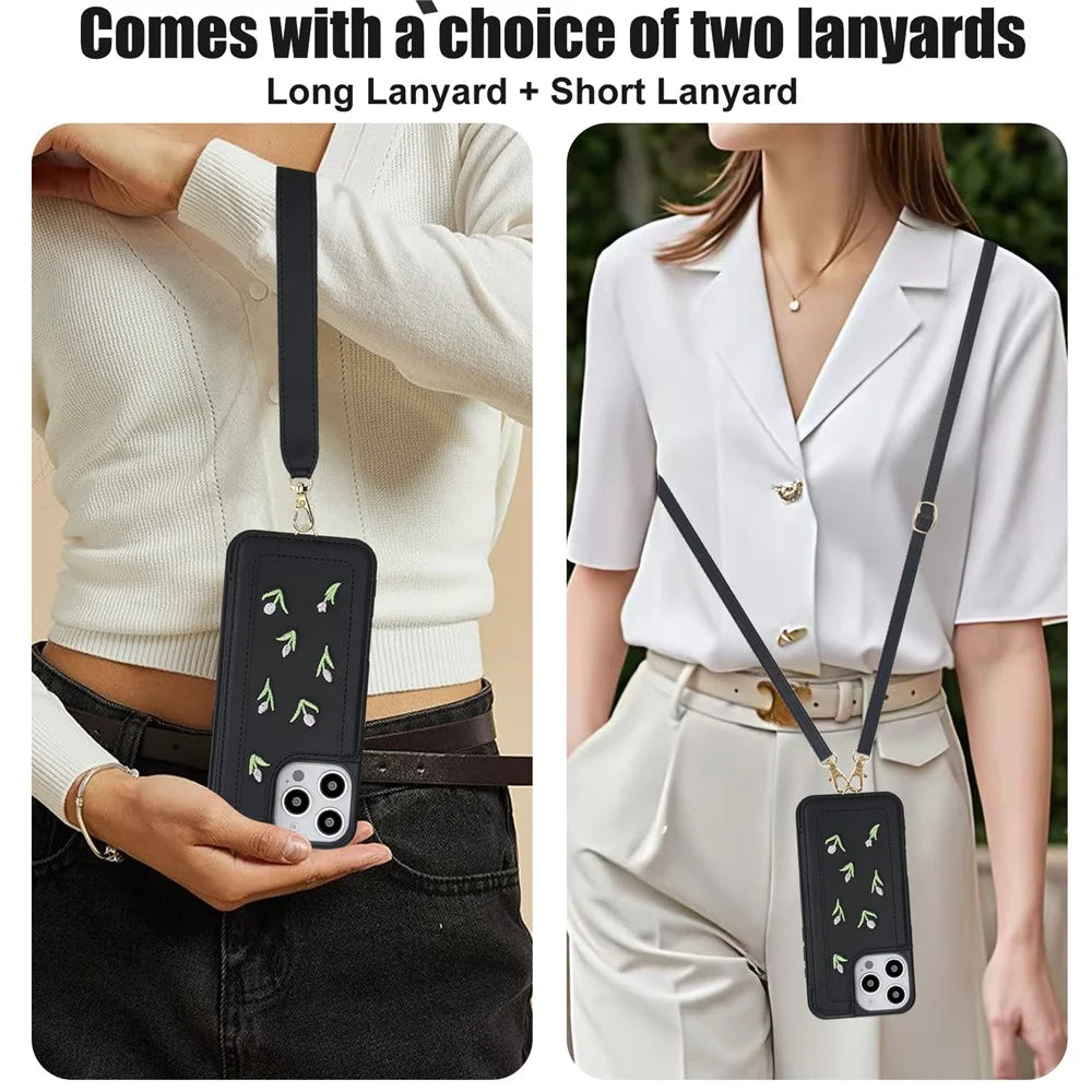 For iPhone 15 Pro Max Case Embroidered Tulips PU Leather Card Holder Back Cover with Shoulder Strap / Wrist Strap - Black - 6