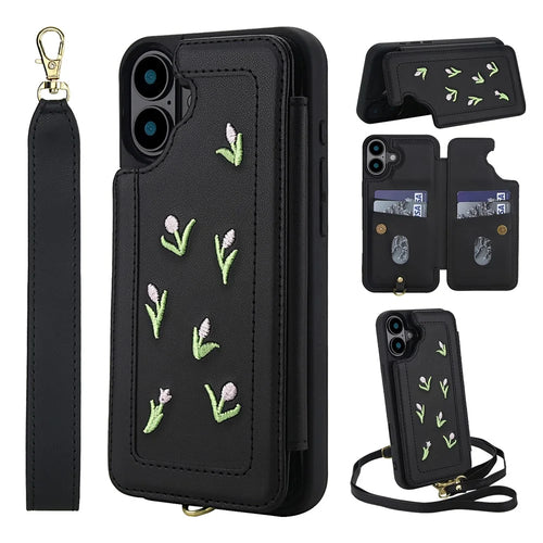 For iPhone 16 Case Embroidered Tulips PU Leather Card Holder Back Cover with Shoulder Strap / Wrist Strap - Black - 1