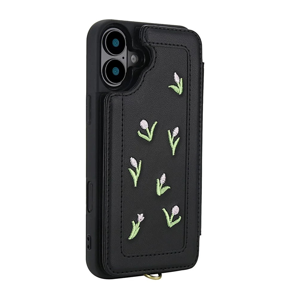 For iPhone 16 Case Embroidered Tulips PU Leather Card Holder Back Cover with Shoulder Strap / Wrist Strap - Black - 2