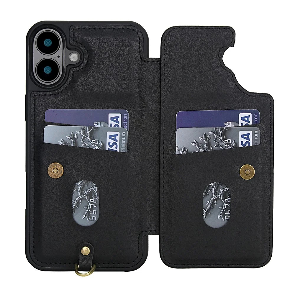 For iPhone 16 Case Embroidered Tulips PU Leather Card Holder Back Cover with Shoulder Strap / Wrist Strap - Black - 3