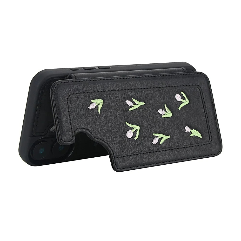 For iPhone 16 Case Embroidered Tulips PU Leather Card Holder Back Cover with Shoulder Strap / Wrist Strap - Black - 4
