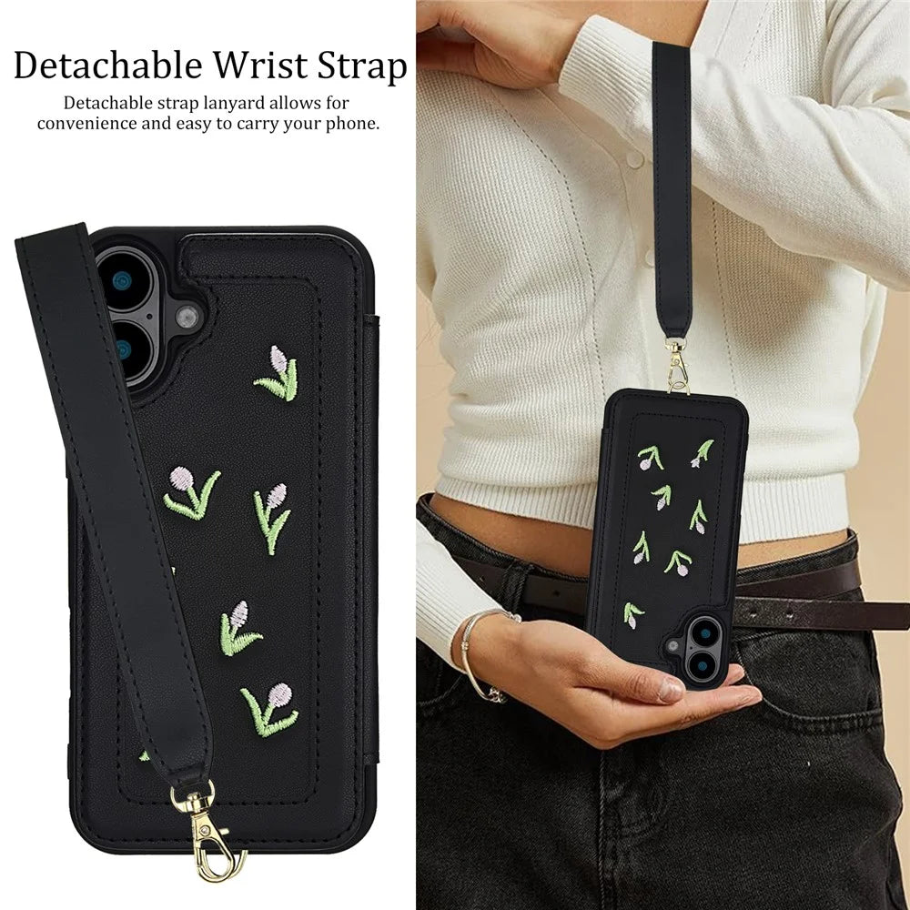For iPhone 16 Case Embroidered Tulips PU Leather Card Holder Back Cover with Shoulder Strap / Wrist Strap - Black - 6