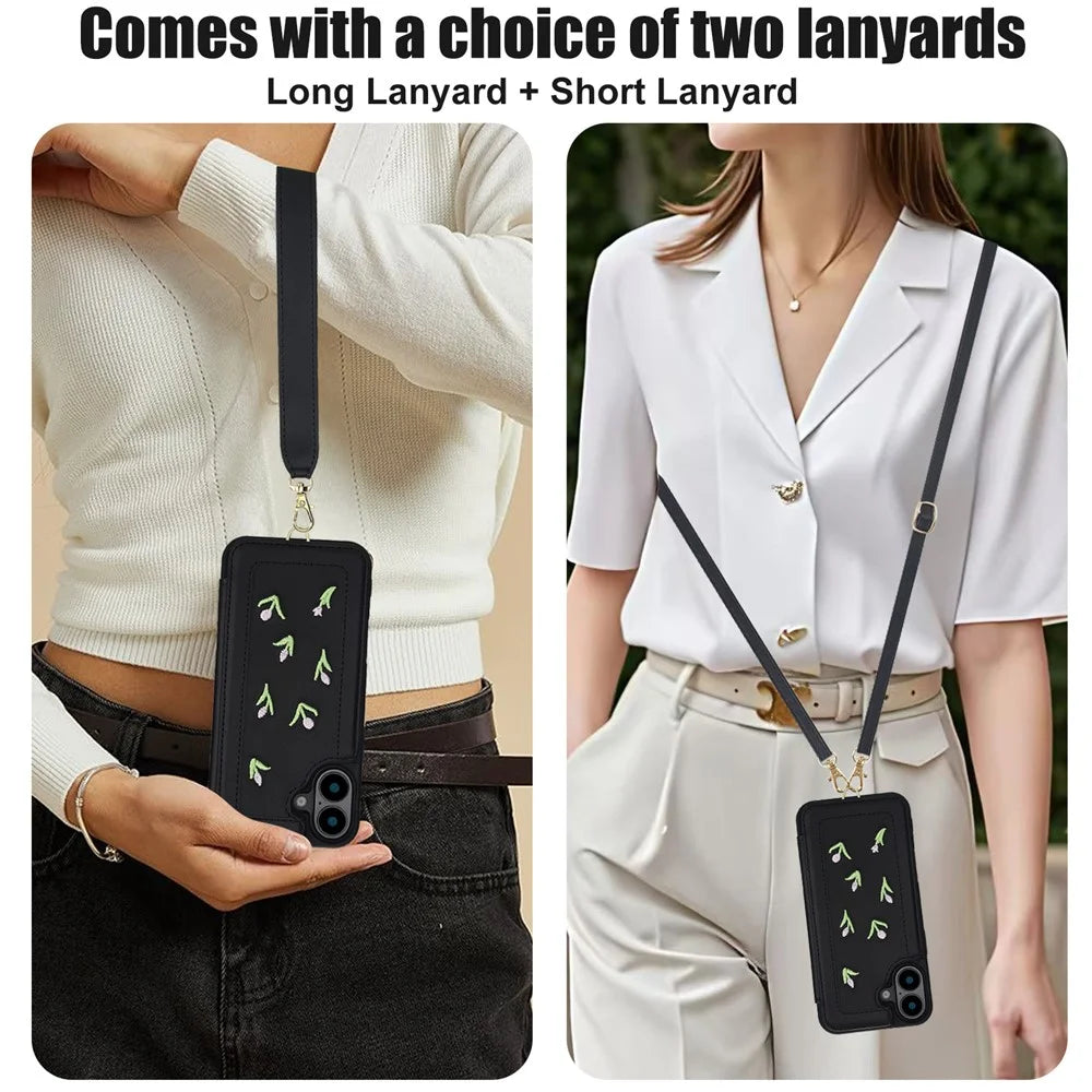 For iPhone 16 Case Embroidered Tulips PU Leather Card Holder Back Cover with Shoulder Strap / Wrist Strap - Black - 7
