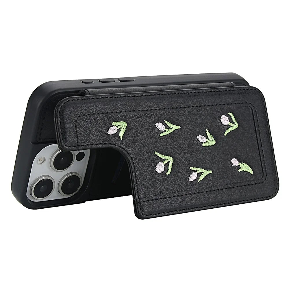 For iPhone 16 Pro Case Embroidered Tulips PU Leather Card Holder Back Cover with Shoulder Strap / Wrist Strap - Black - 3