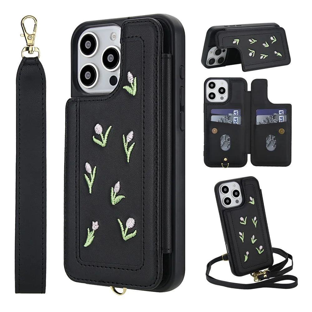 For iPhone 16 Pro Max Case Embroidered Tulips PU Leather Card Holder Back Cover with Shoulder Strap / Wrist Strap - Black - 1