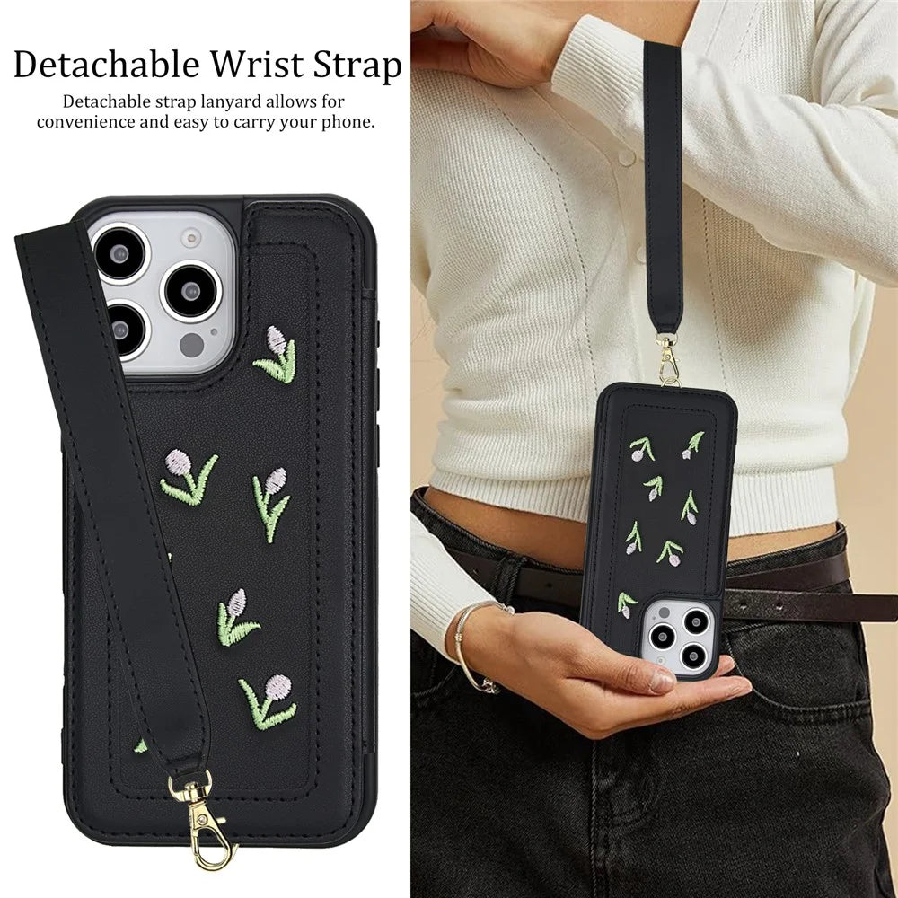 For iPhone 16 Pro Max Case Embroidered Tulips PU Leather Card Holder Back Cover with Shoulder Strap / Wrist Strap - Black - 5