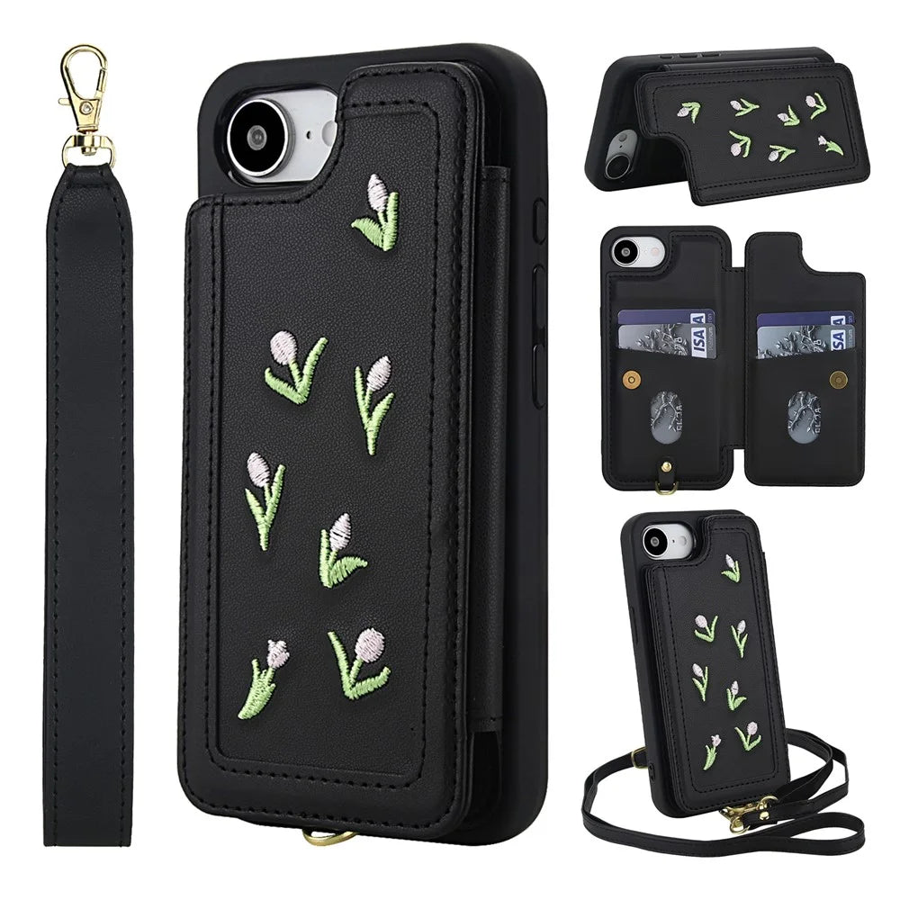 For iPhone 17e / 16e Case Embroidered Tulips PU Leather Card Holder Back Cover with Shoulder Strap / Wrist Strap - Black - 1