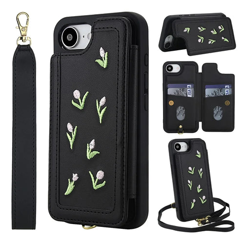 For iPhone 17e / 16e Case Embroidered Tulips PU Leather Card Holder Back Cover with Shoulder Strap / Wrist Strap - Black - 1