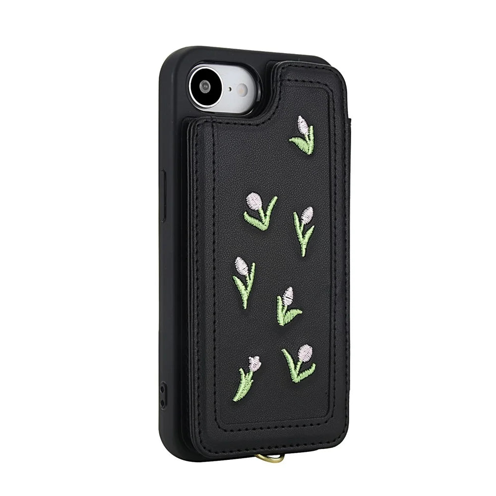 For iPhone 17e / 16e Case Embroidered Tulips PU Leather Card Holder Back Cover with Shoulder Strap / Wrist Strap - Black - 2