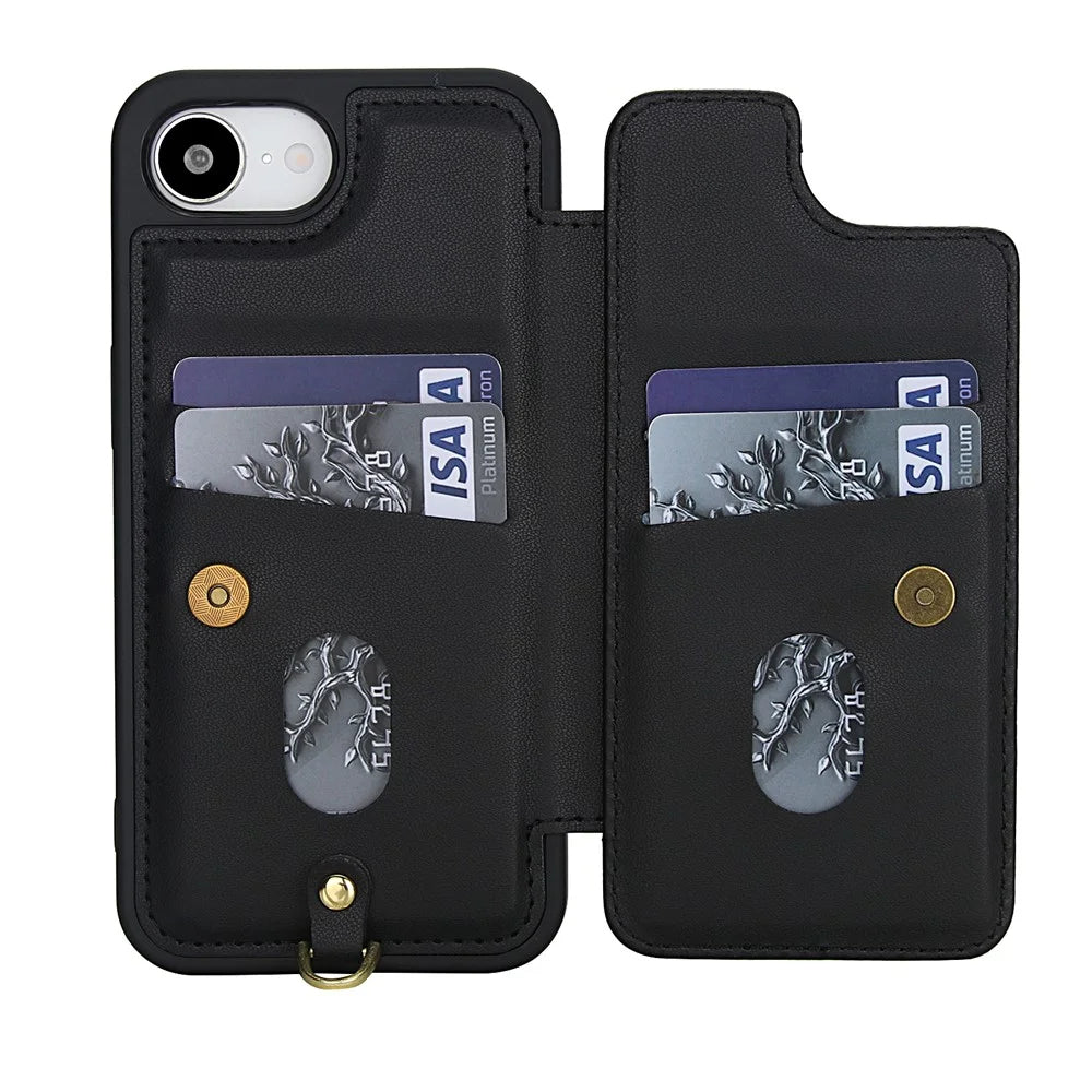 For iPhone 17e / 16e Case Embroidered Tulips PU Leather Card Holder Back Cover with Shoulder Strap / Wrist Strap - Black - 3