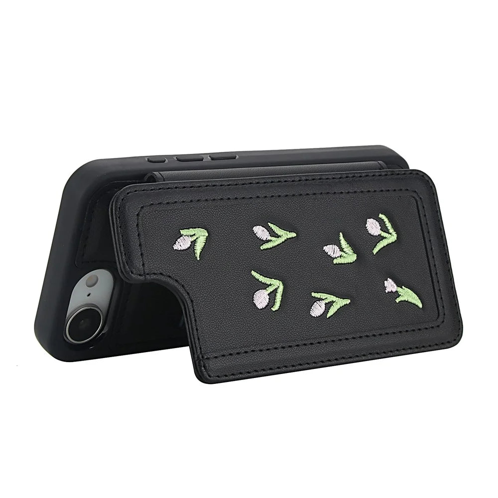 For iPhone 17e / 16e Case Embroidered Tulips PU Leather Card Holder Back Cover with Shoulder Strap / Wrist Strap - Black - 4