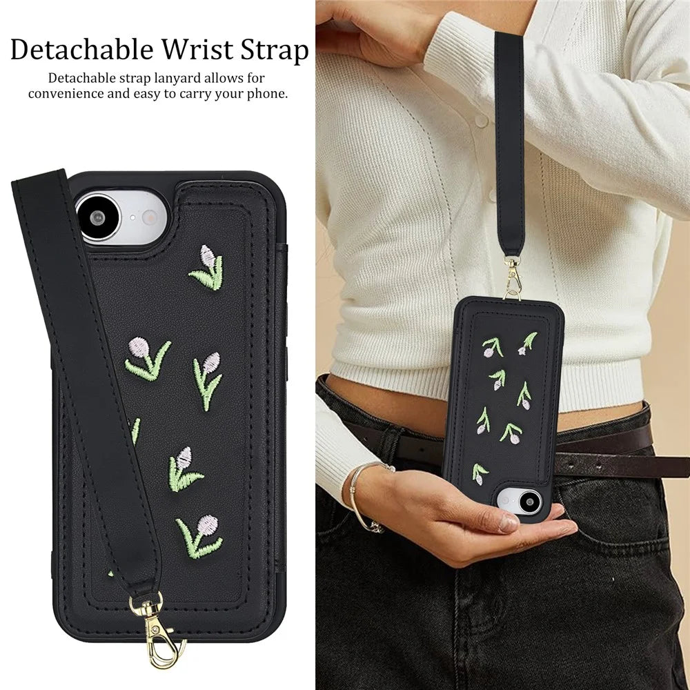 For iPhone 17e / 16e Case Embroidered Tulips PU Leather Card Holder Back Cover with Shoulder Strap / Wrist Strap - Black - 6