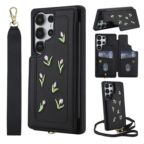 For Samsung Galaxy S25 Ultra Case Embroidered Tulips PU Leather Card Holder Back Cover with Shoulder Strap / Wrist Strap - Black - 1