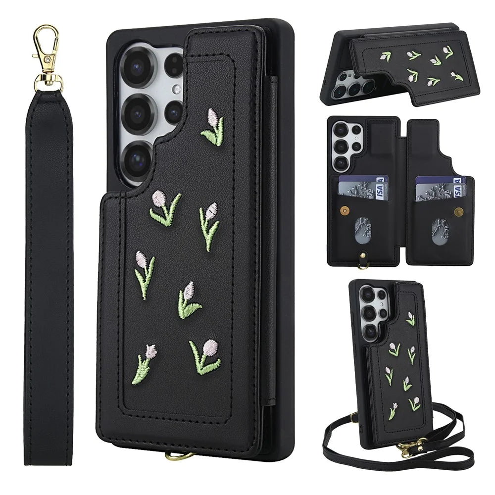 For Samsung Galaxy S25 Ultra Case Embroidered Tulips PU Leather Card Holder Back Cover with Shoulder Strap / Wrist Strap - Black - 1