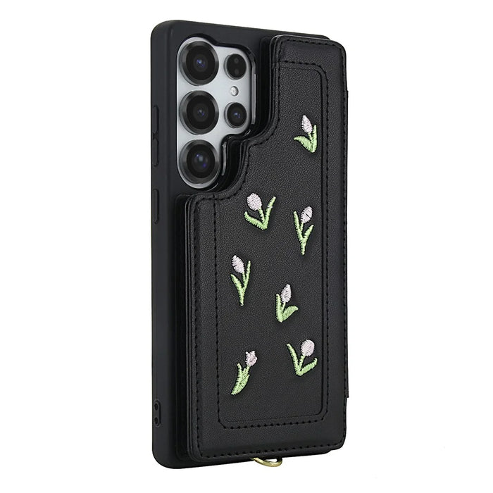 For Samsung Galaxy S25 Ultra Case Embroidered Tulips PU Leather Card Holder Back Cover with Shoulder Strap / Wrist Strap - Black - 2