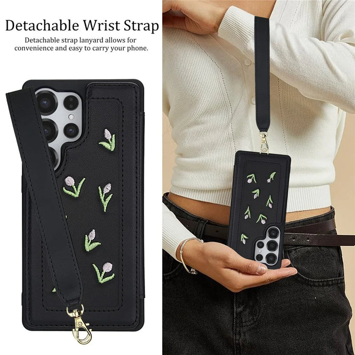 For Samsung Galaxy S25 Ultra Case Embroidered Tulips PU Leather Card Holder Back Cover with Shoulder Strap / Wrist Strap - Black - 6