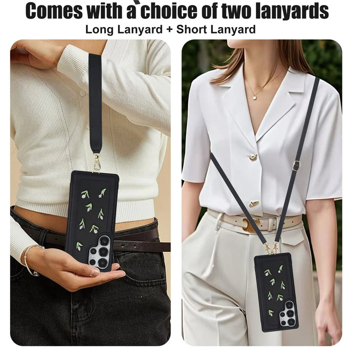 For Samsung Galaxy S25 Ultra Case Embroidered Tulips PU Leather Card Holder Back Cover with Shoulder Strap / Wrist Strap - Black - 7