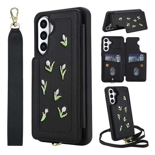 For Samsung Galaxy A15 4G / 5G Case Embroidered Tulips PU Leather Card Holder Back Cover with Shoulder Strap / Wrist Strap - Black - 1