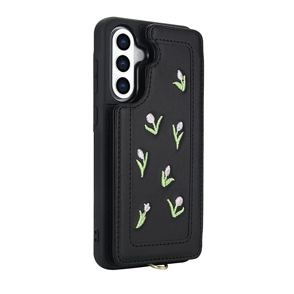 For Samsung Galaxy A15 4G / 5G Case Embroidered Tulips PU Leather Card Holder Back Cover with Shoulder Strap / Wrist Strap - Black - 2