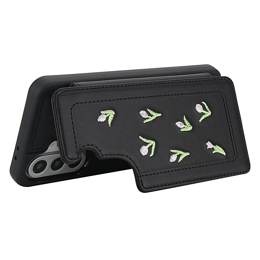 For Samsung Galaxy A15 4G / 5G Case Embroidered Tulips PU Leather Card Holder Back Cover with Shoulder Strap / Wrist Strap - Black - 4