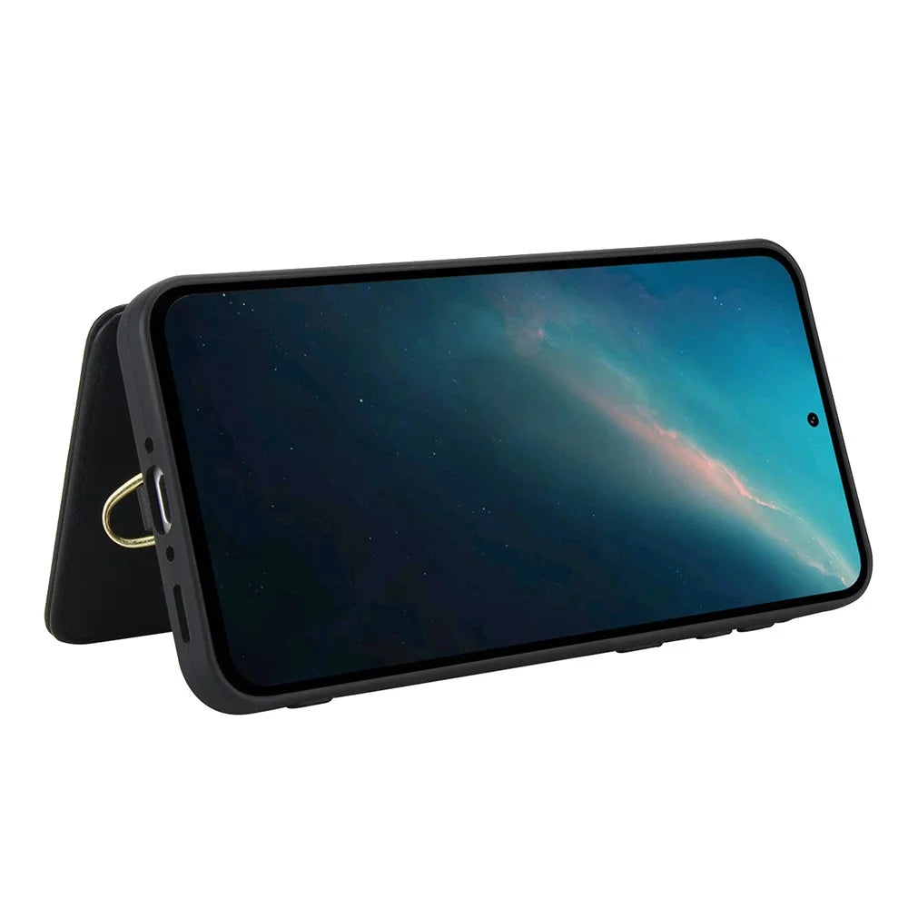 For Samsung Galaxy A15 4G / 5G Case Embroidered Tulips PU Leather Card Holder Back Cover with Shoulder Strap / Wrist Strap - Black - 5