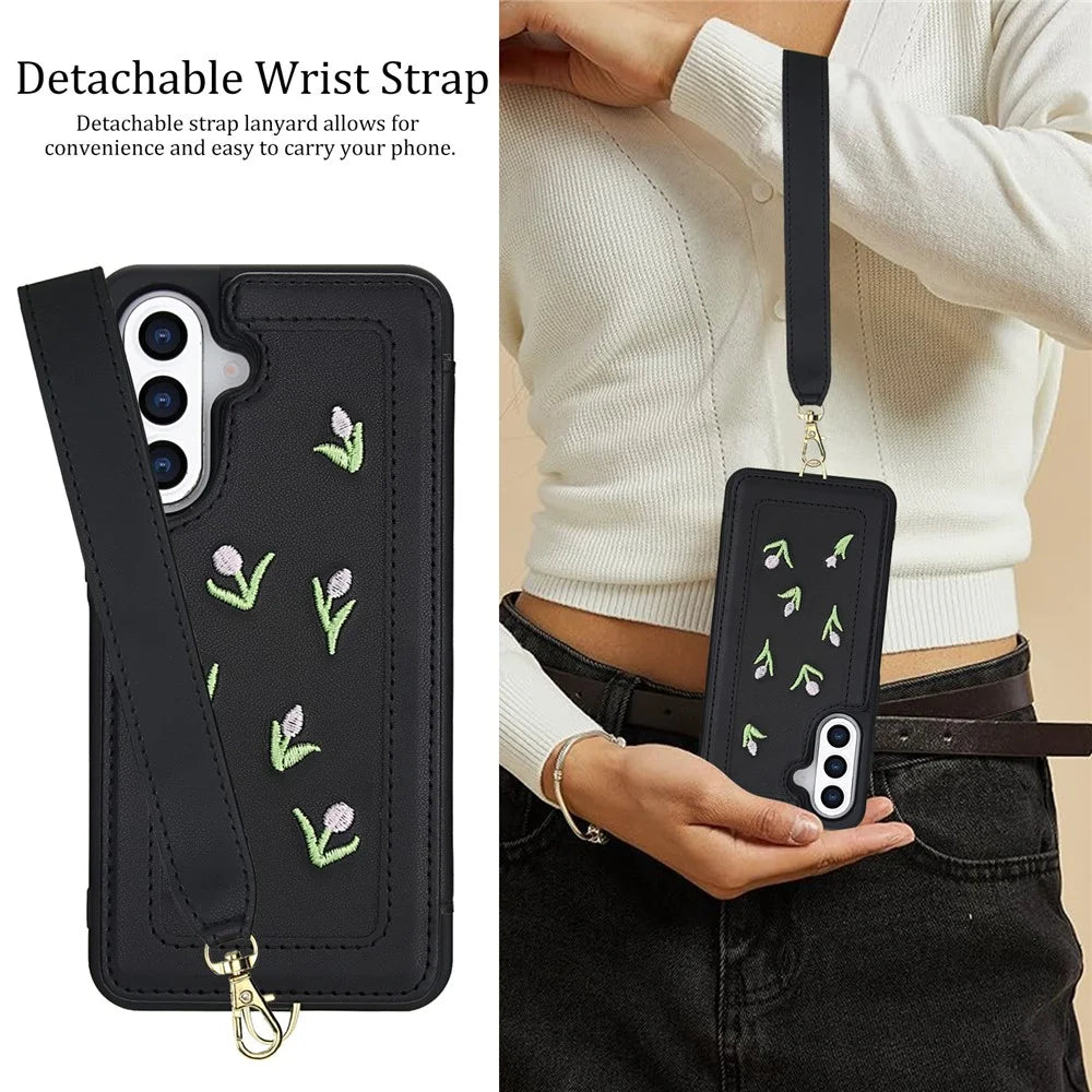For Samsung Galaxy A15 4G / 5G Case Embroidered Tulips PU Leather Card Holder Back Cover with Shoulder Strap / Wrist Strap - Black - 6