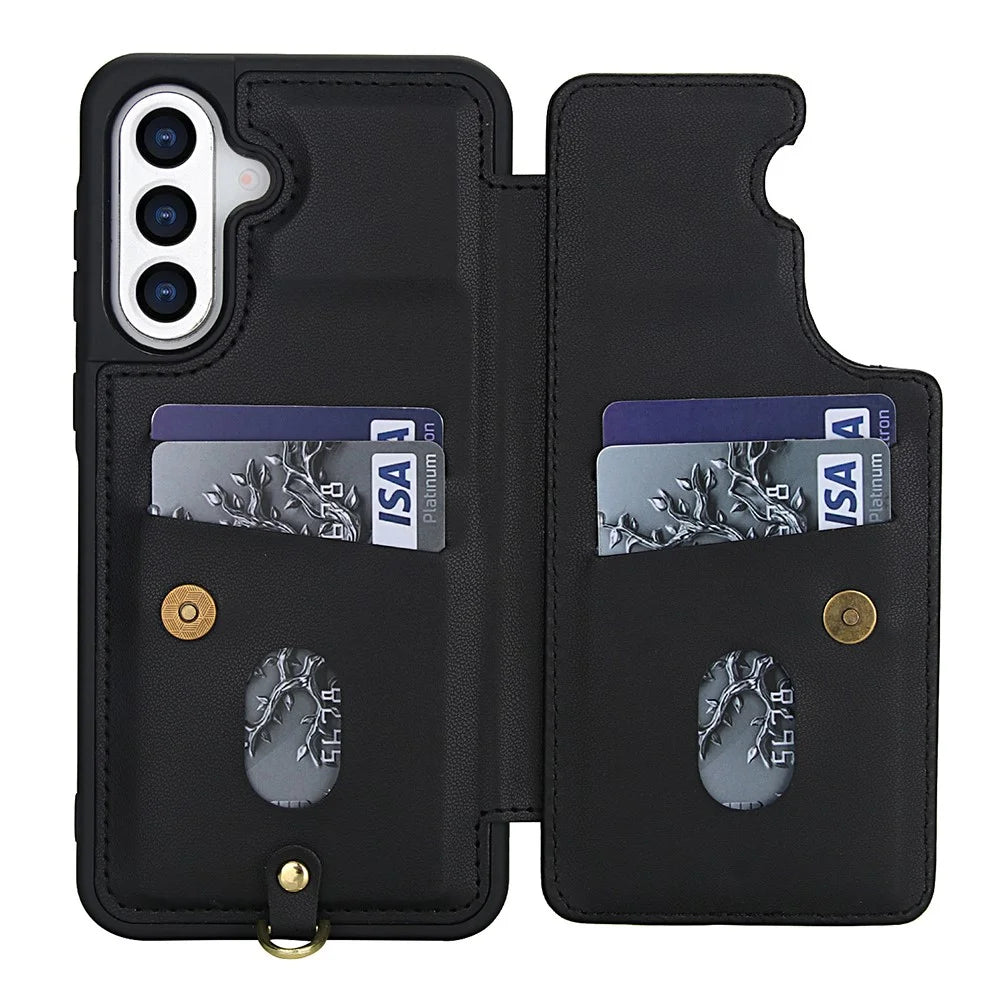 For Samsung Galaxy A16 4G / 5G Case Embroidered Tulips PU Leather Card Holder Back Cover with Shoulder Strap / Wrist Strap - Black - 3