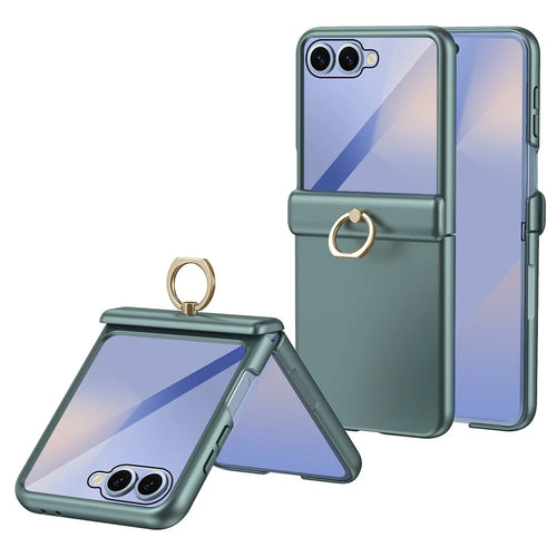 For Samsung Galaxy Z Flip7 5G Case with Tempered Glass Film Ring Holder Kickstand PC Phone Cover - Green - 1
