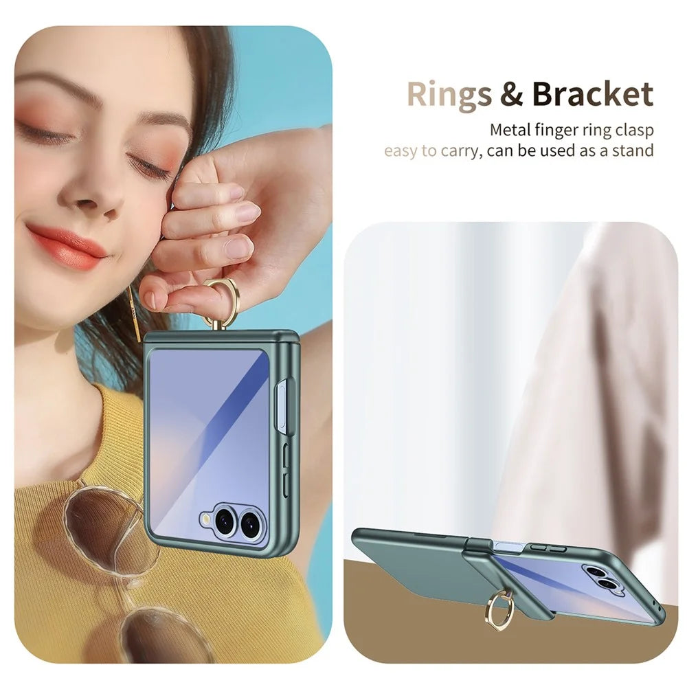 For Samsung Galaxy Z Flip7 5G Case with Tempered Glass Film Ring Holder Kickstand PC Phone Cover - Green - 3