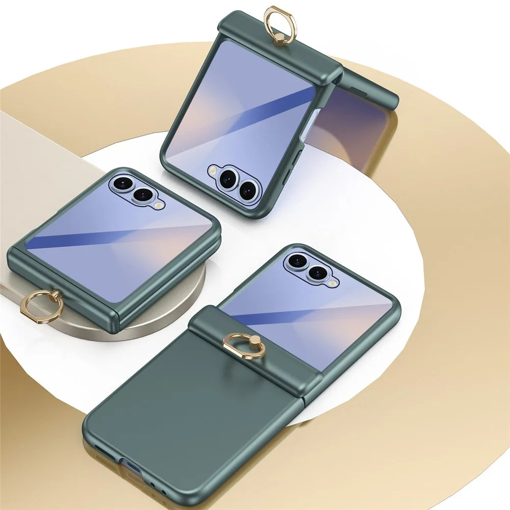 For Samsung Galaxy Z Flip7 5G Case with Tempered Glass Film Ring Holder Kickstand PC Phone Cover - Green - 7