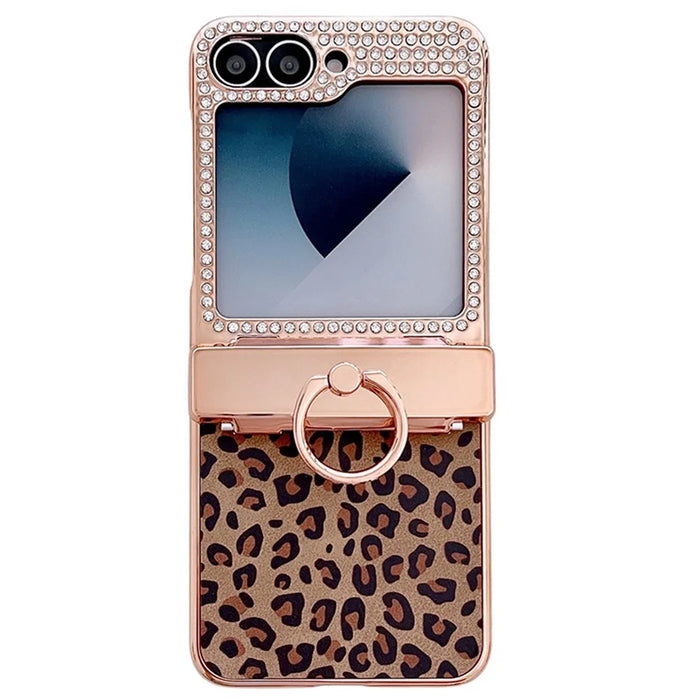 For Samsung Galaxy Z Flip7 FE 5G / Z Flip6 5G Case Leopard Pattern Ring Holder Rhinestone Hard PC Phone Cover - Gold - 1