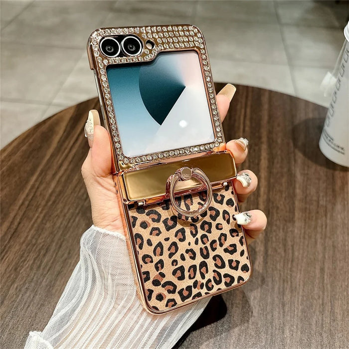 For Samsung Galaxy Z Flip7 FE 5G / Z Flip6 5G Case Leopard Pattern Ring Holder Rhinestone Hard PC Phone Cover - Gold - 2