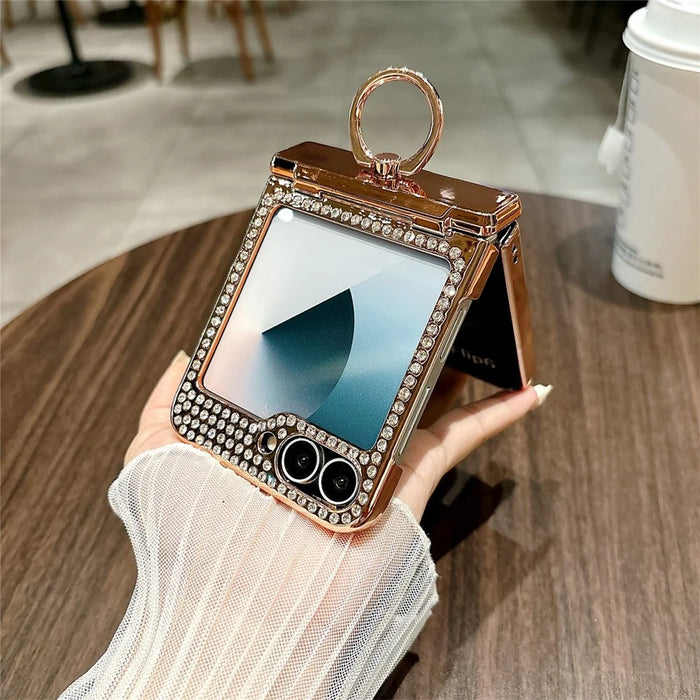 For Samsung Galaxy Z Flip7 FE 5G / Z Flip6 5G Case Leopard Pattern Ring Holder Rhinestone Hard PC Phone Cover - Gold - 4