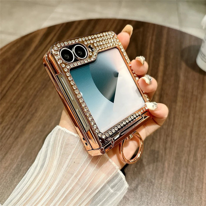 For Samsung Galaxy Z Flip7 FE 5G / Z Flip6 5G Case Leopard Pattern Ring Holder Rhinestone Hard PC Phone Cover - Gold - 6