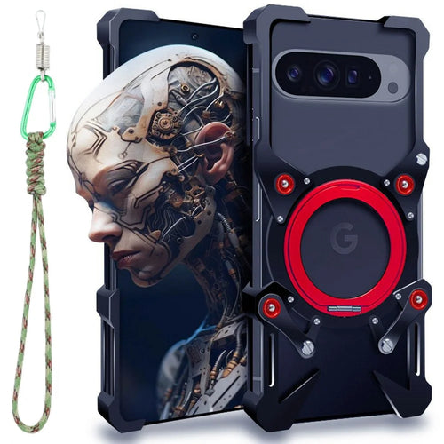 Bumper Case For Google Pixel 10 / 10 Pro / 9 / 9 Pro Kickstand Aluminum Alloy Magnetic Phone Cover with Wrist Strap - Black - 1