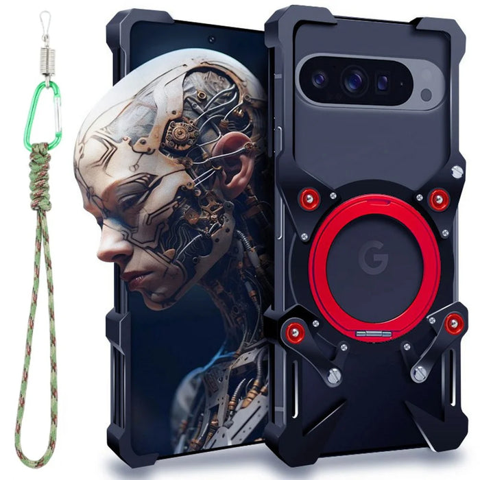 Bumper Case For Google Pixel 10 Pro XL / 9 Pro XL / 8 Pro / 7 Pro Kickstand Aluminum Alloy Magnetic Phone Cover with Wrist Strap - Black - 1