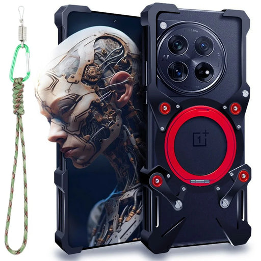 For OnePlus 12 5G Bumper Case Kickstand Aluminum Alloy Magnetic Phone Cover with Wrist Strap - Black - 1