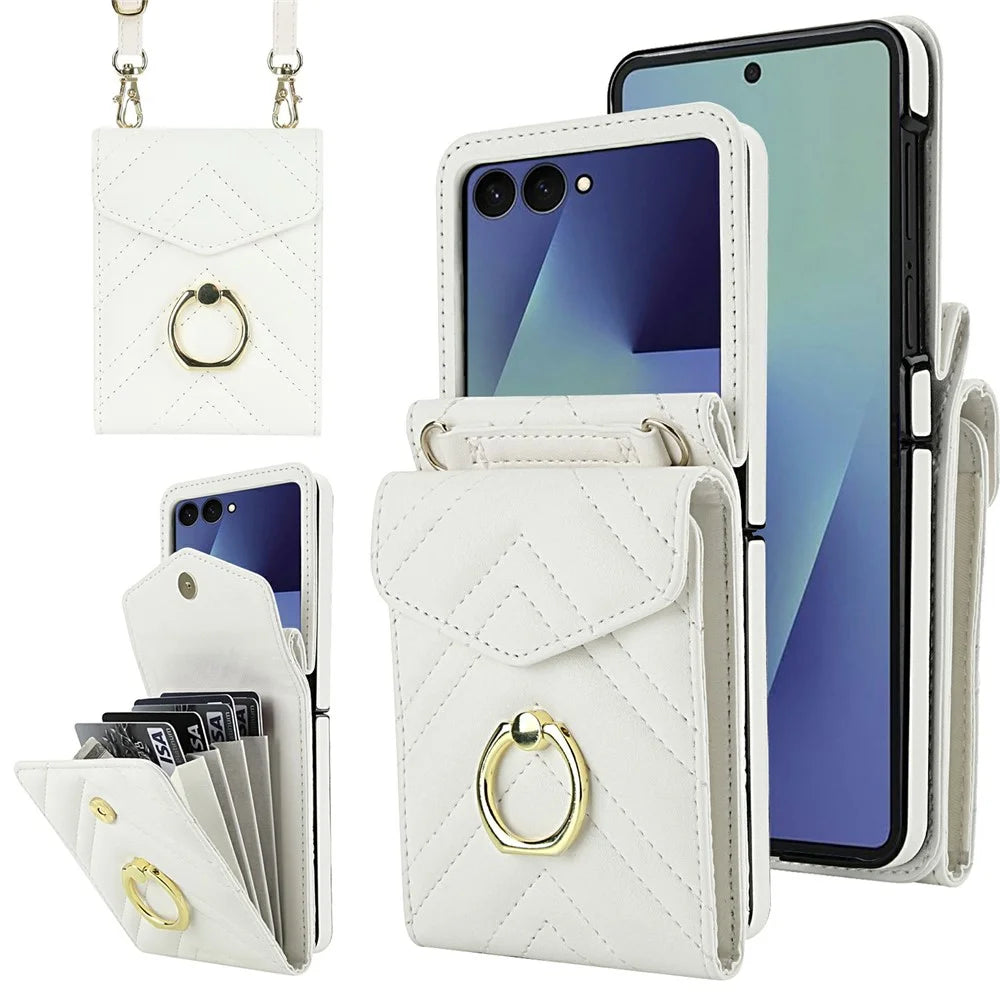 For Samsung Galaxy Z Flip7 5G Case RFID Blocking PU Leather + TPU Phone Cover with Shoulder Strap - White - 1
